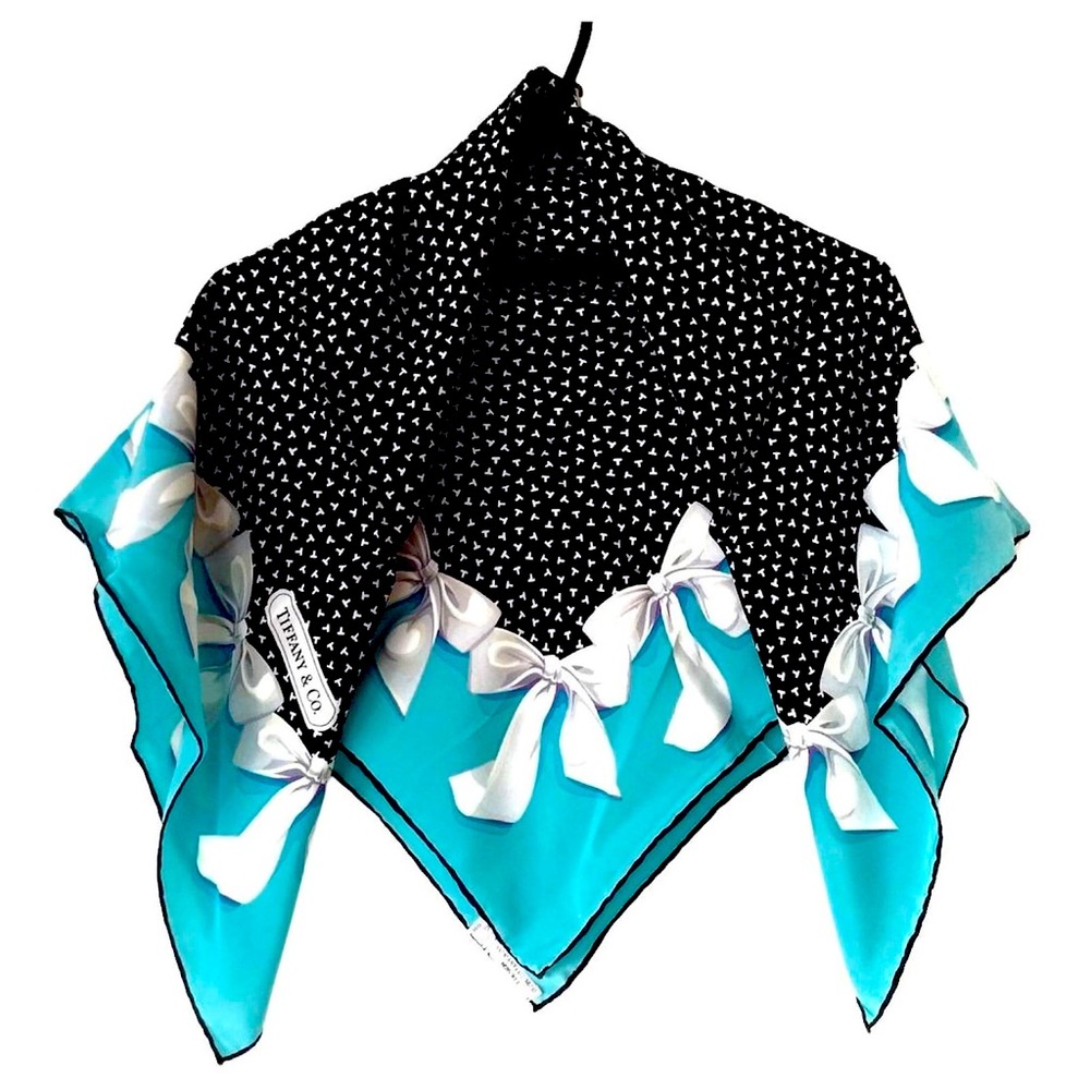 Tiffany & Co. Black, White & Tiffany Blue Bow Print Silk Scarf